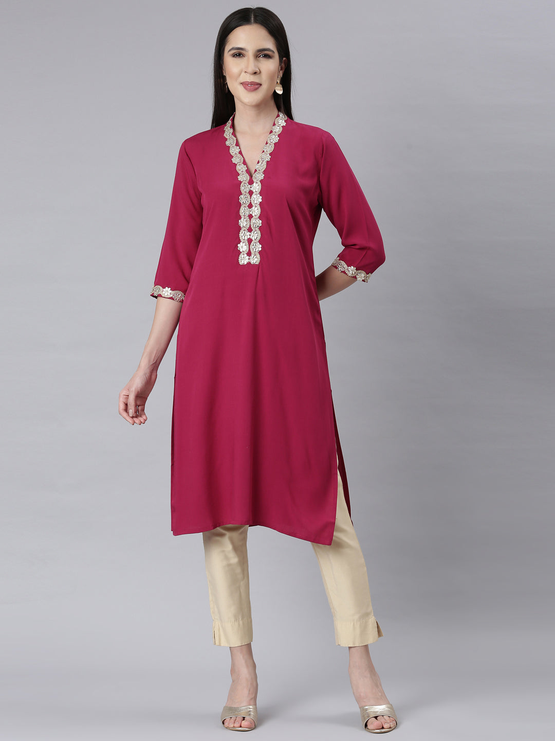 Neerus Pink rayon embellished straight kurti - front view