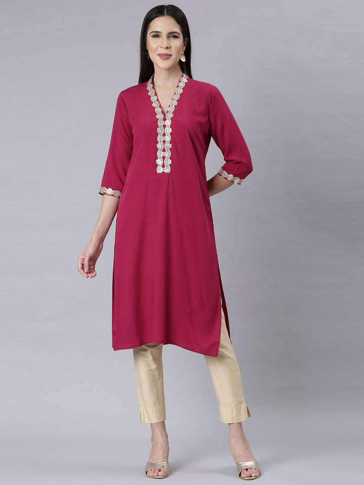 Neerus Pink rayon embellished straight kurti - front view