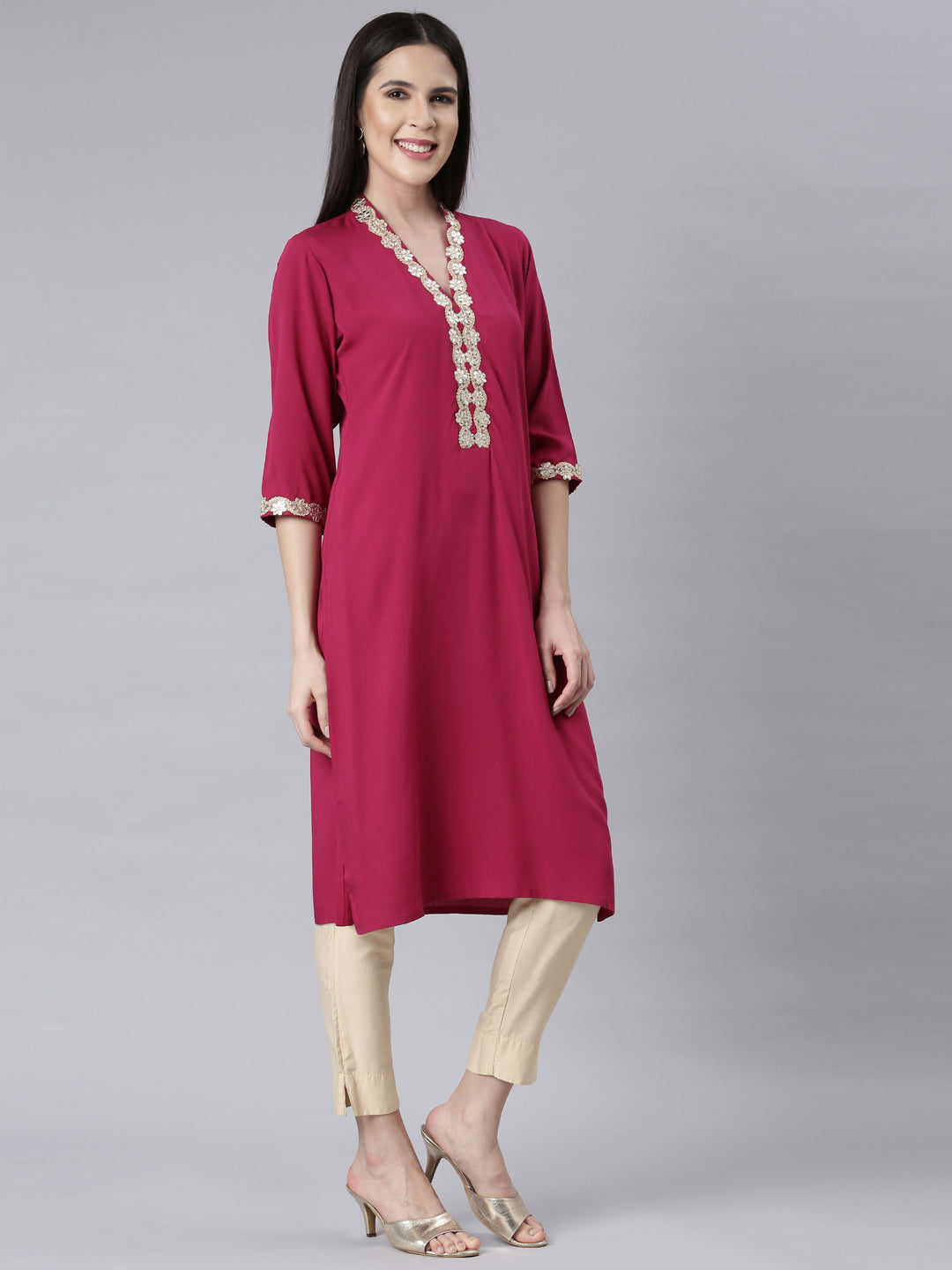 Neerus Pink rayon embellished straight kurti - back view