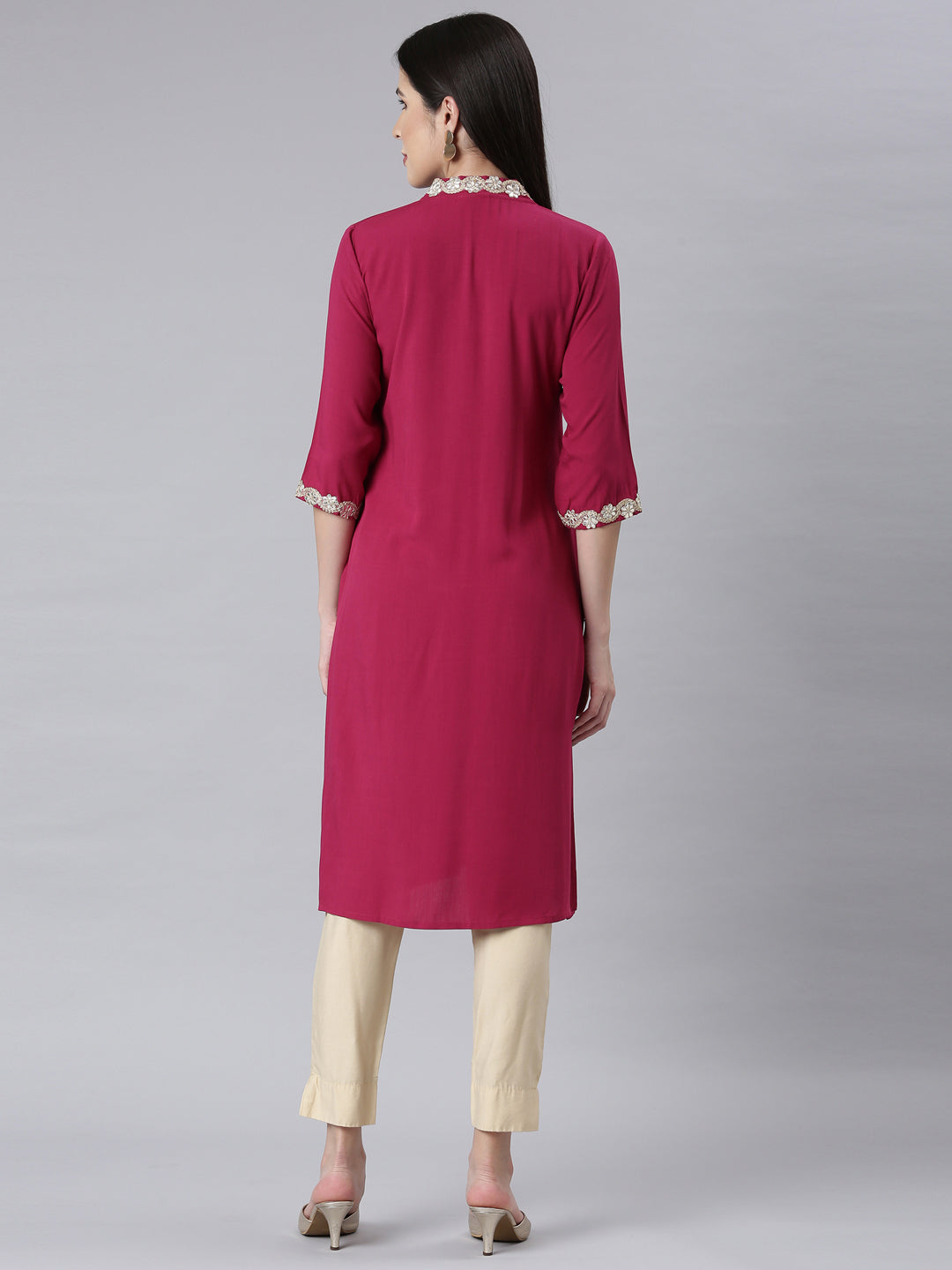 Neerus Pink rayon embellished straight kurti - side view