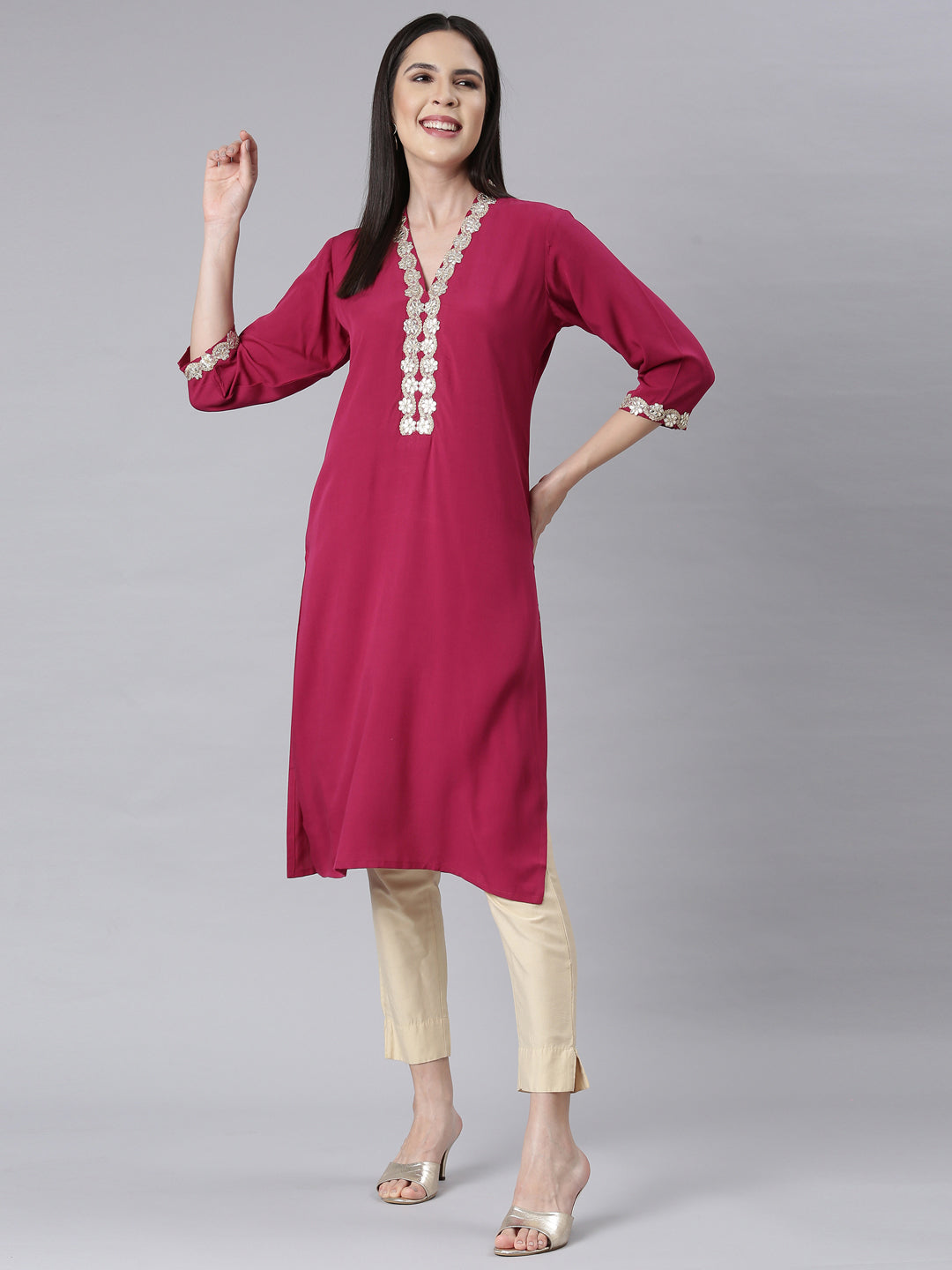 Neerus Pink rayon embellished straight kurti - detail view 1