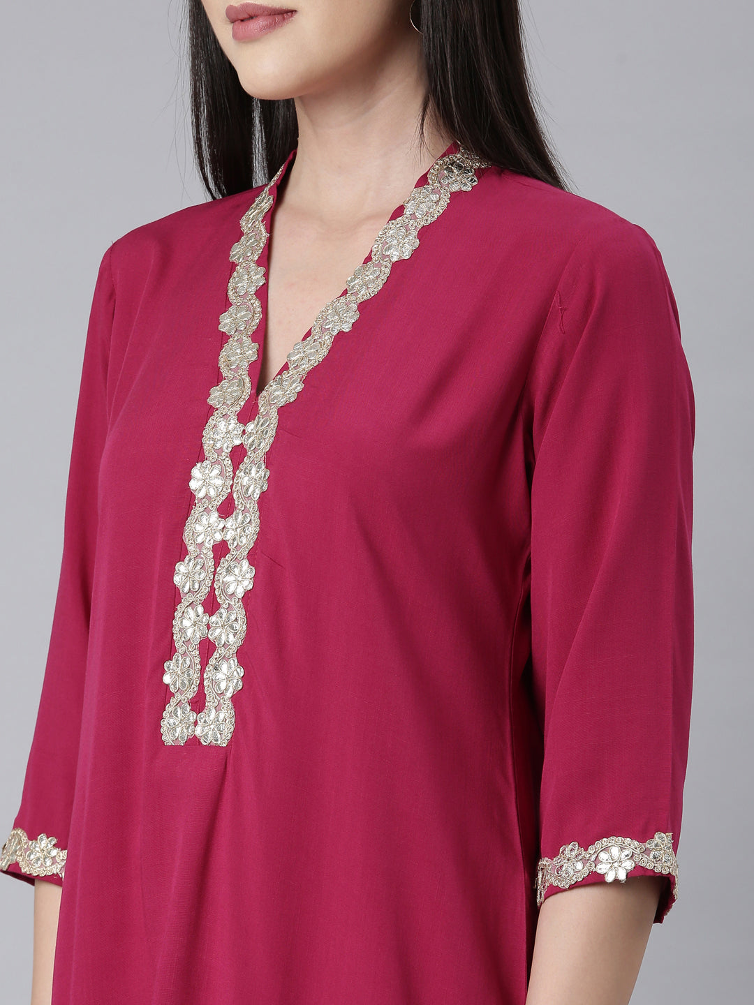 Neerus Pink rayon embellished straight kurti - detail view 2