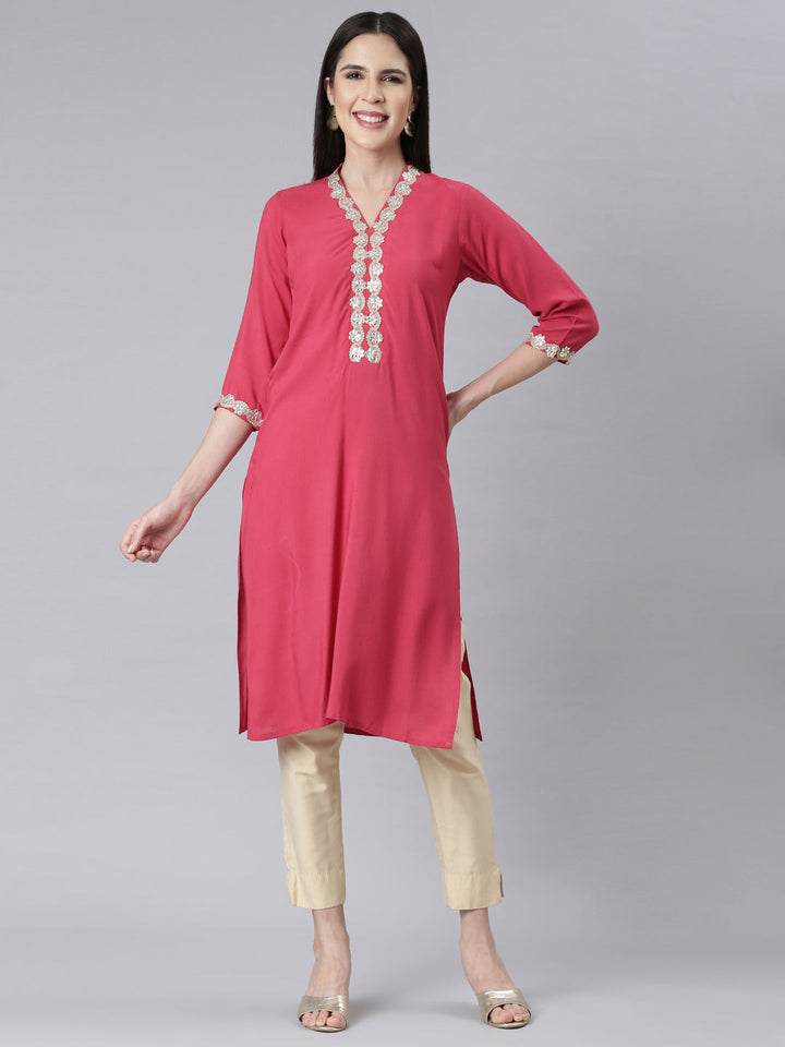 Neerus Pink rayon embellished panelled kurti - front view
