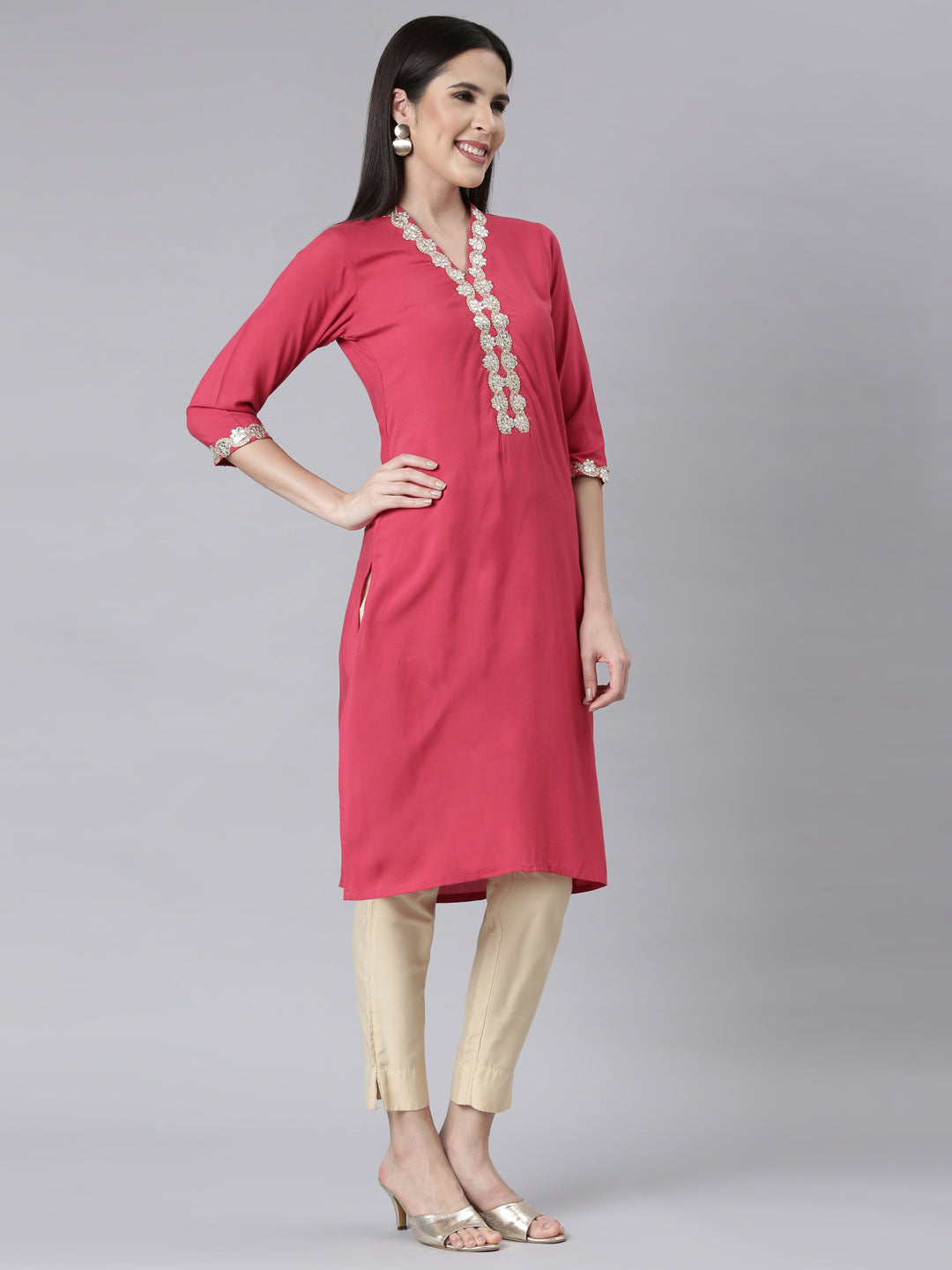 Neerus Pink rayon embellished panelled kurti - back view