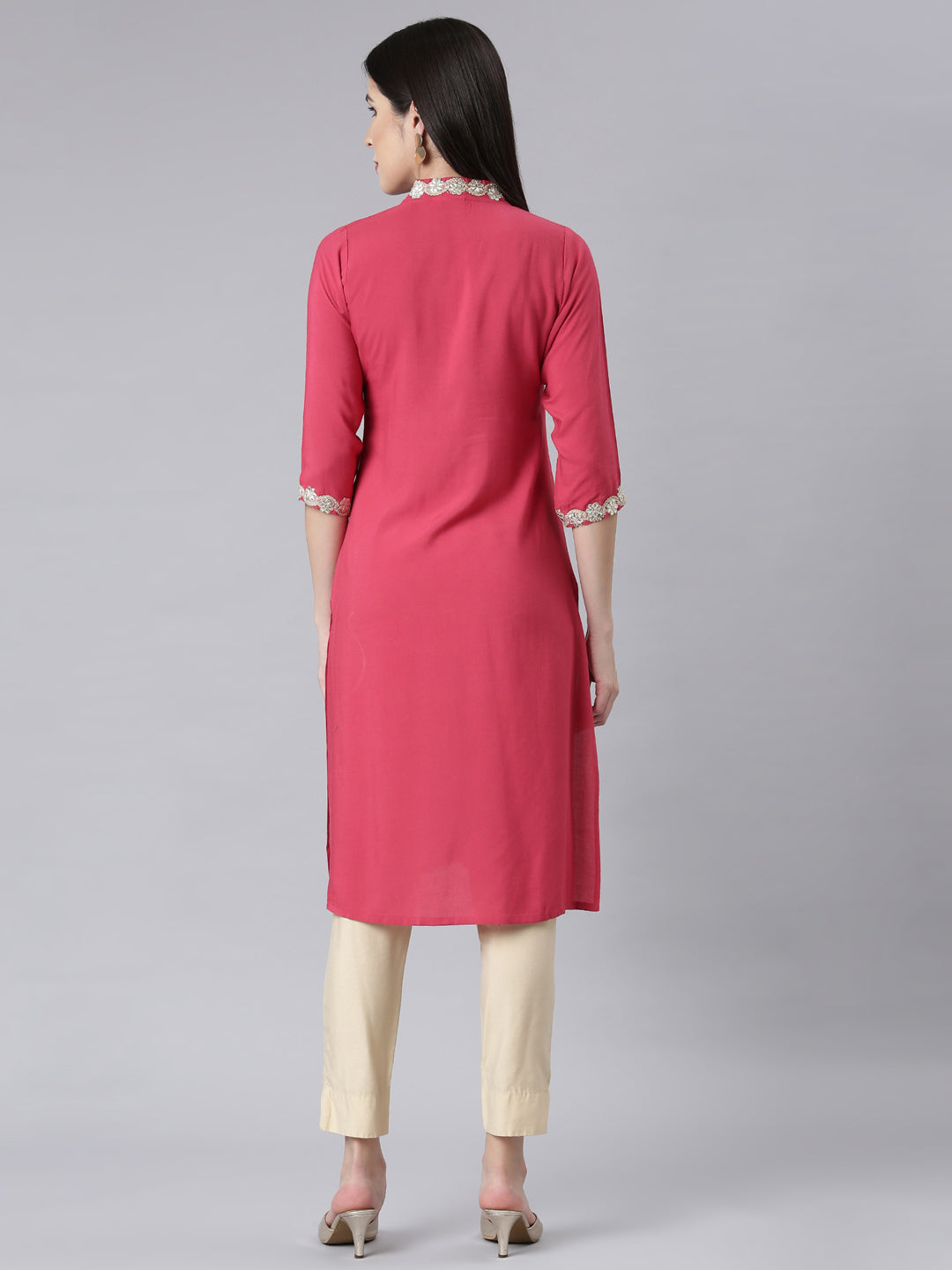 Neerus Pink rayon embellished panelled kurti - side view