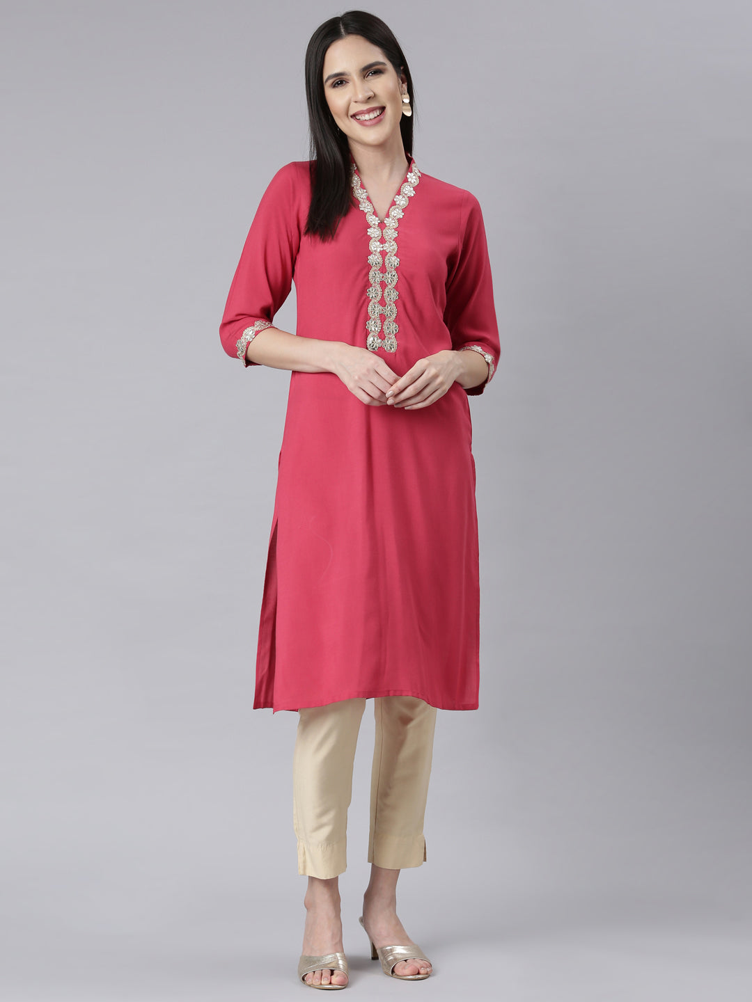 Neerus Pink rayon embellished panelled kurti - detail view 1