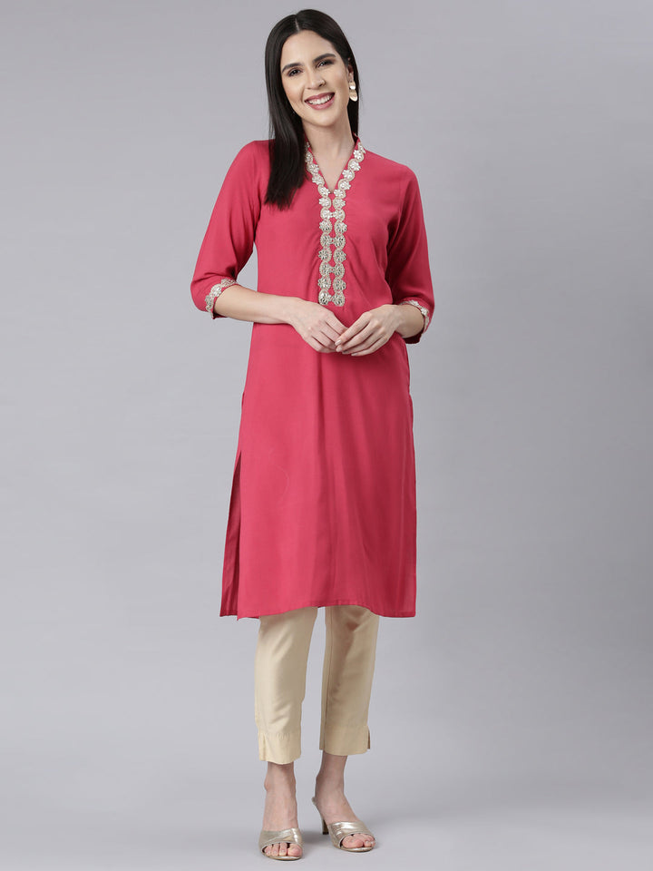 Neerus Pink rayon embellished panelled kurti - detail view 1