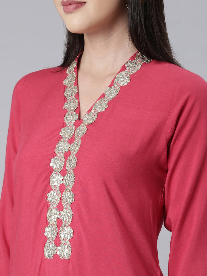 Neerus Pink rayon embellished panelled kurti - detail view 2