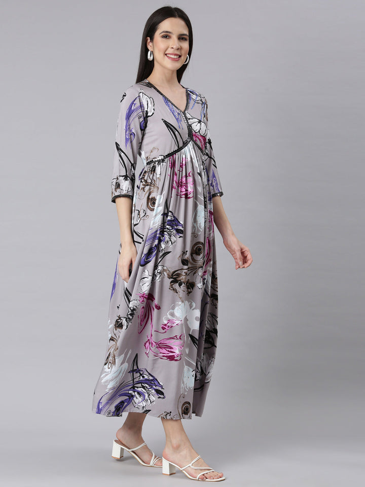 Neerus Grey Asymmetric Casual Floral Maxi Dresses