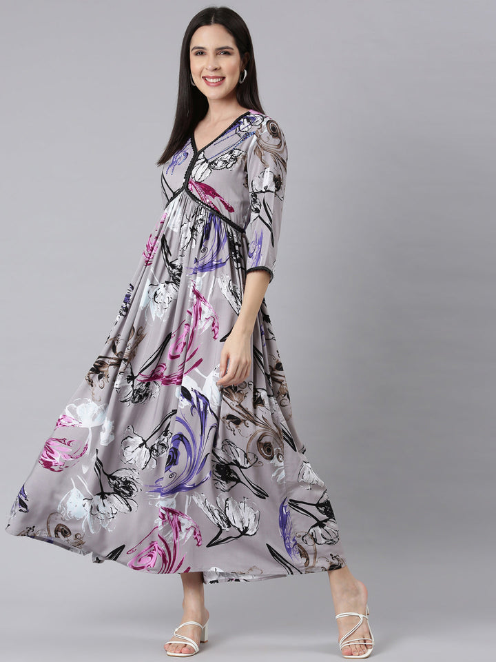 Neerus Grey Asymmetric Casual Floral Maxi Dresses