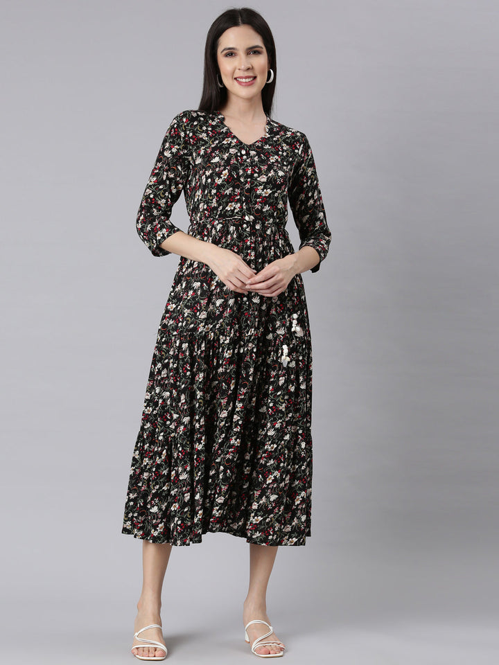 Neerus Black floral printed maxi dress - front view