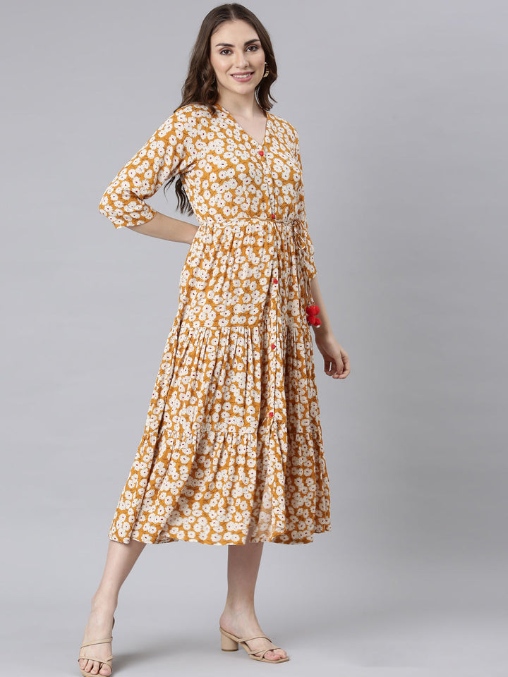 Neerus Mustard Curved Casual Floral Maxi Dresses