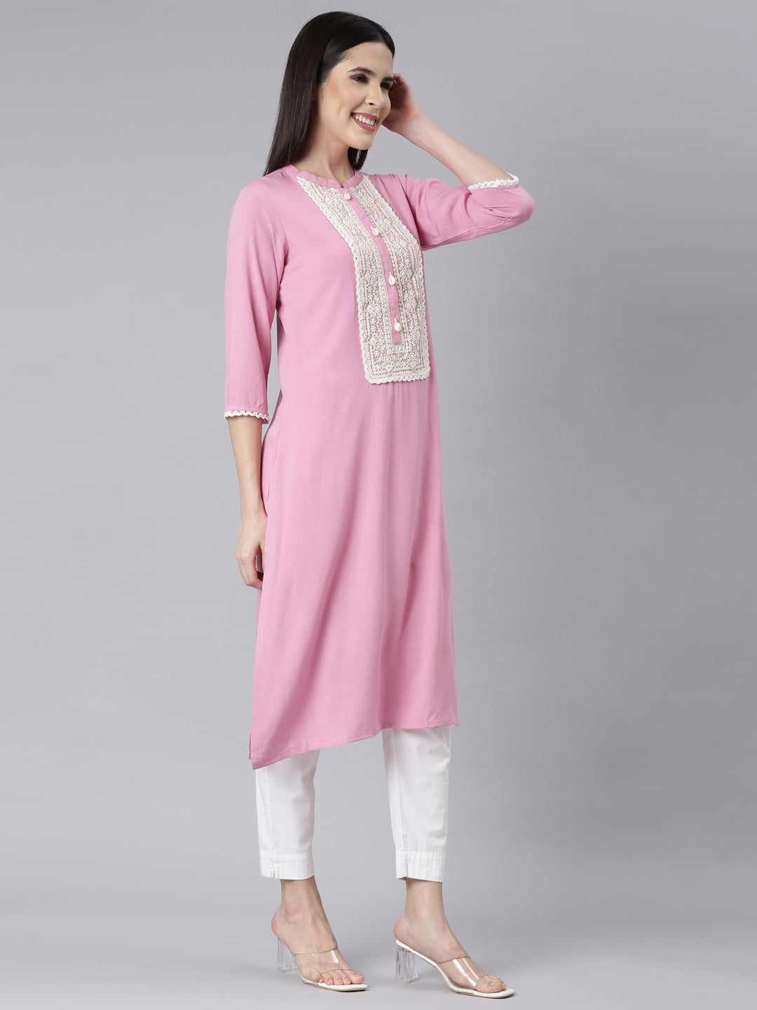 Neerus Pink rayon embellished panelled kurti - back view