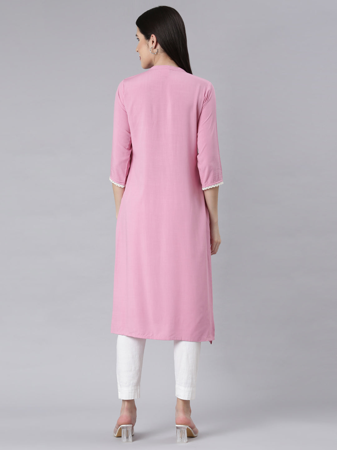 Neerus Pink rayon embellished panelled kurti - side view