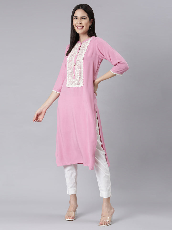 Neerus Pink rayon embellished panelled kurti - detail view 1