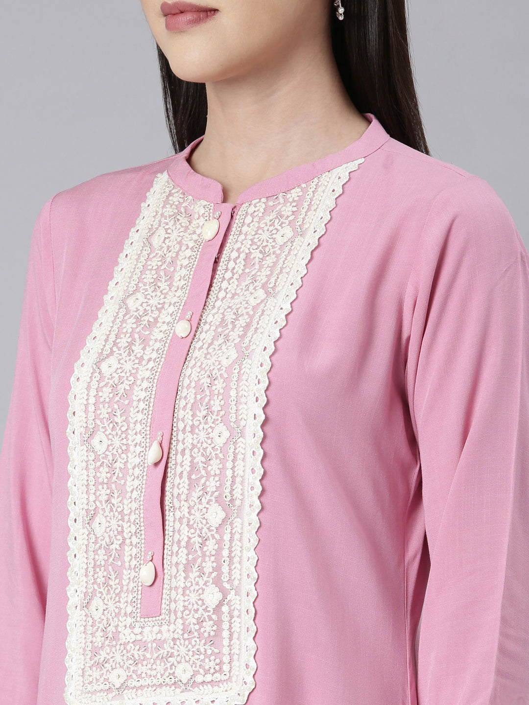 Neerus Pink rayon embellished panelled kurti - detail view 2