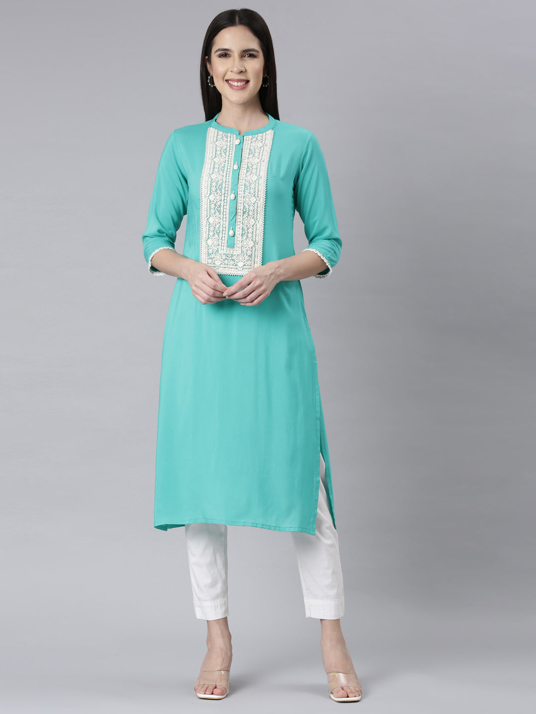 Neerus Green rayon embellished straight kurti - front view