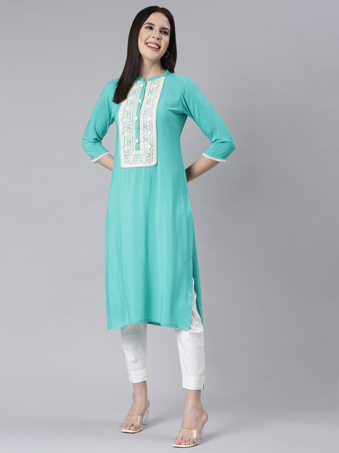 Neerus Green rayon embellished straight kurti - detail view 1