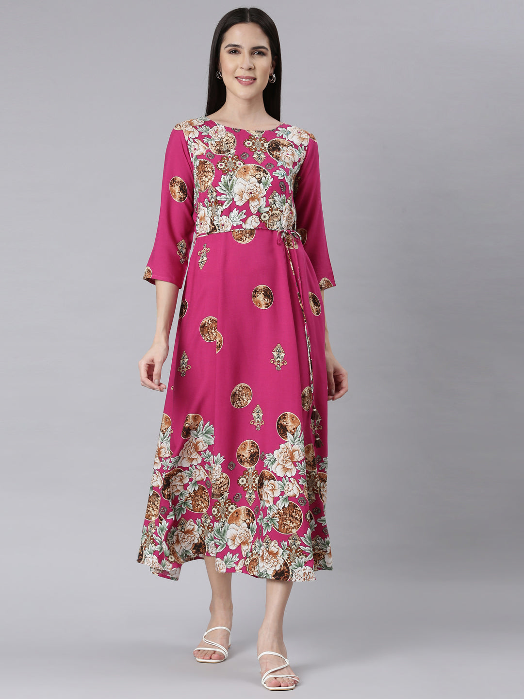 Neerus Pink rayon printed floral maxi dress - front view