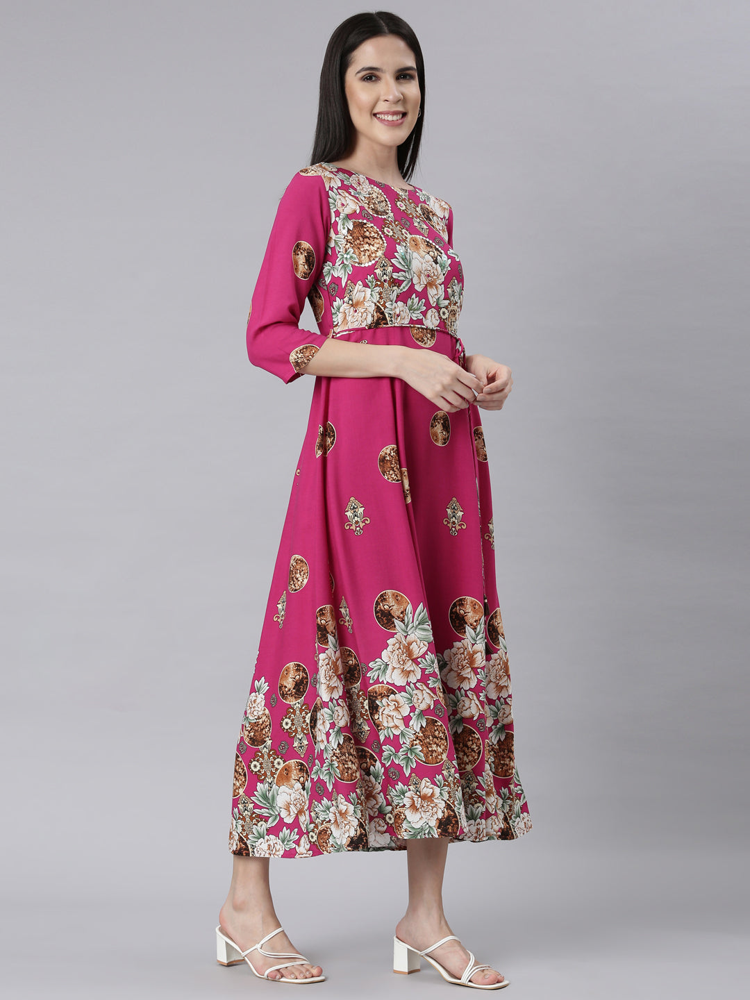 Neerus Pink rayon printed floral maxi dress - back view