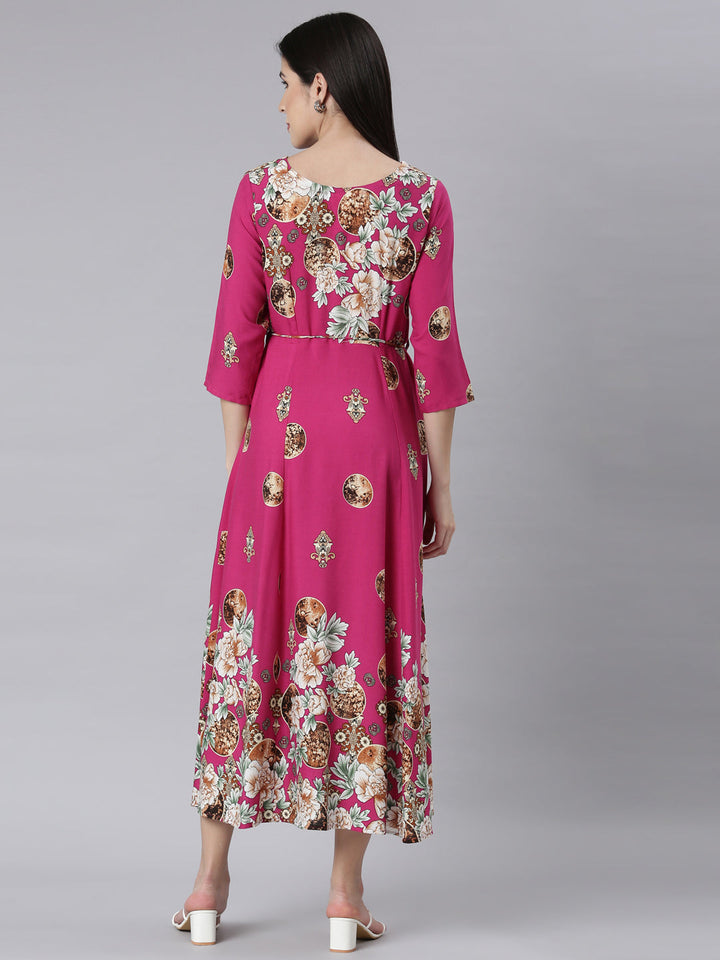 Neerus Pink rayon printed floral maxi dress - side view