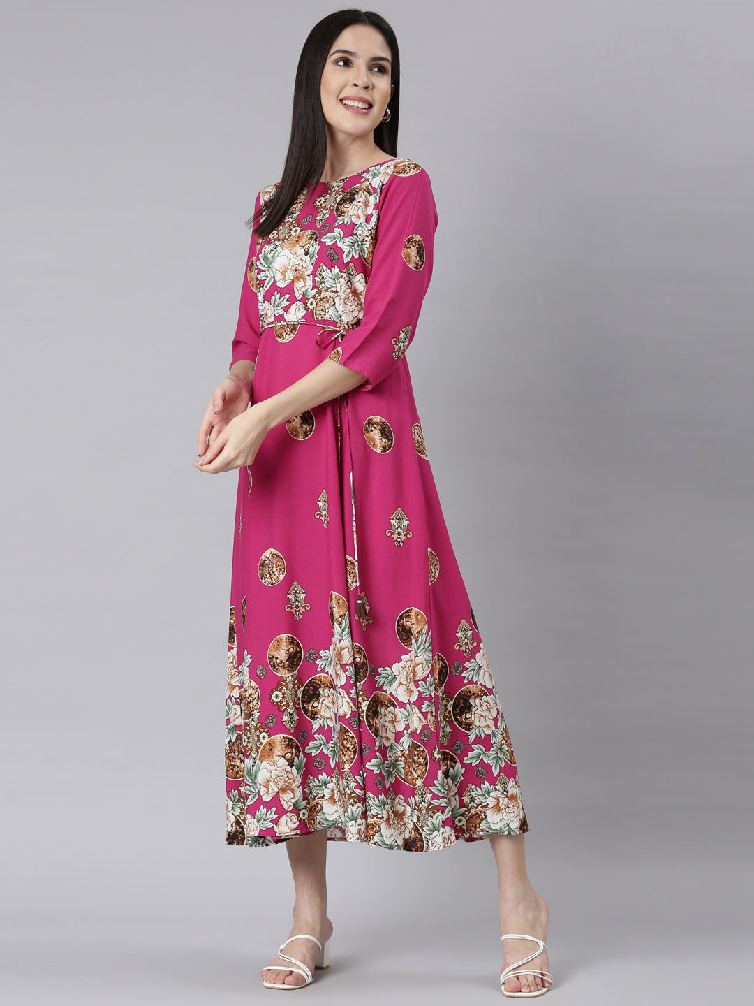 Neerus Pink rayon printed floral maxi dress - detail view 1