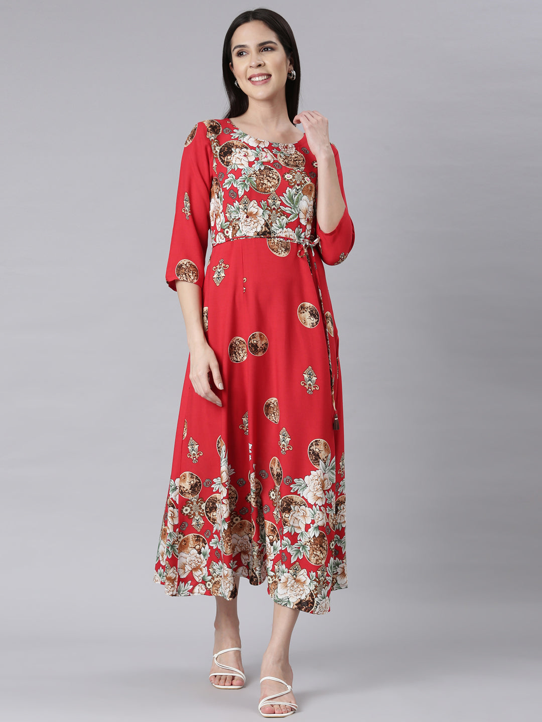 Neerus Red floral printed maxi dress - front view