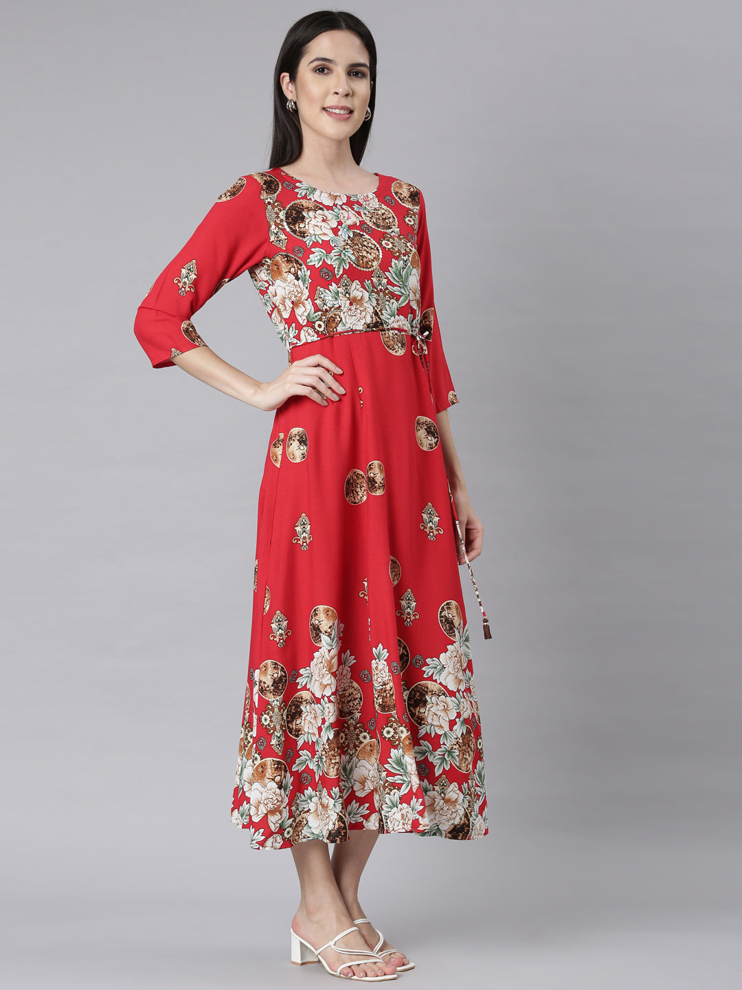 Neerus Red floral printed maxi dress - back view