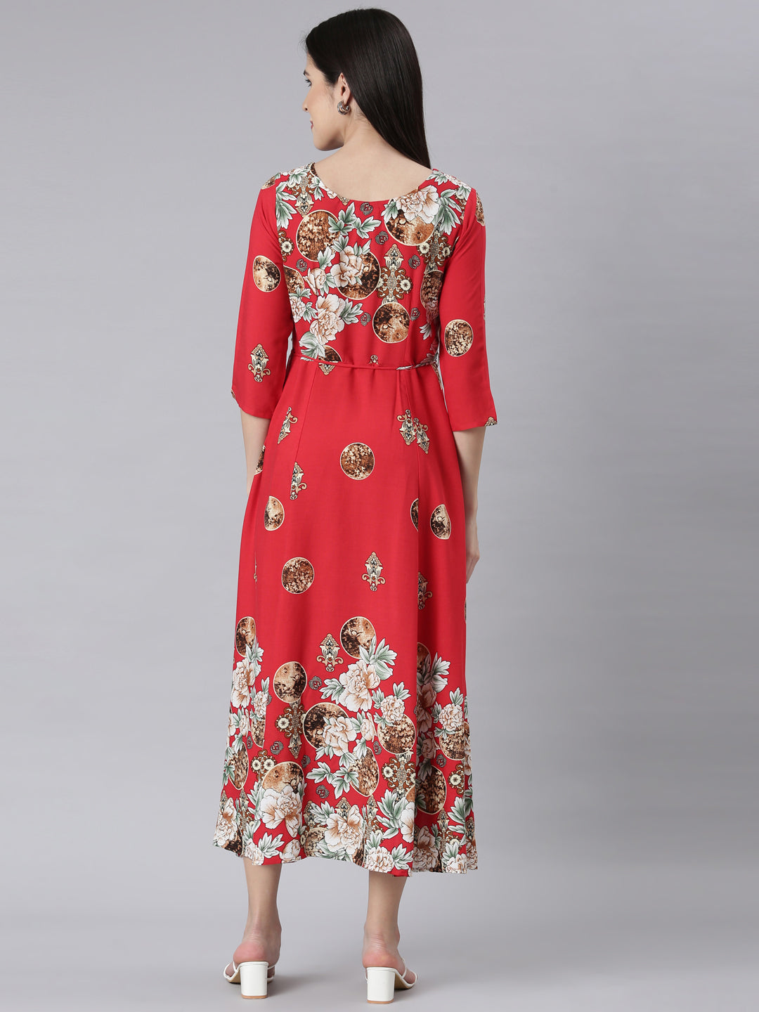Neerus Red floral printed maxi dress - side view