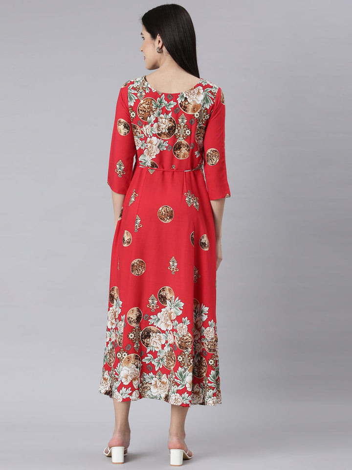 Neerus Red floral printed maxi dress - side view