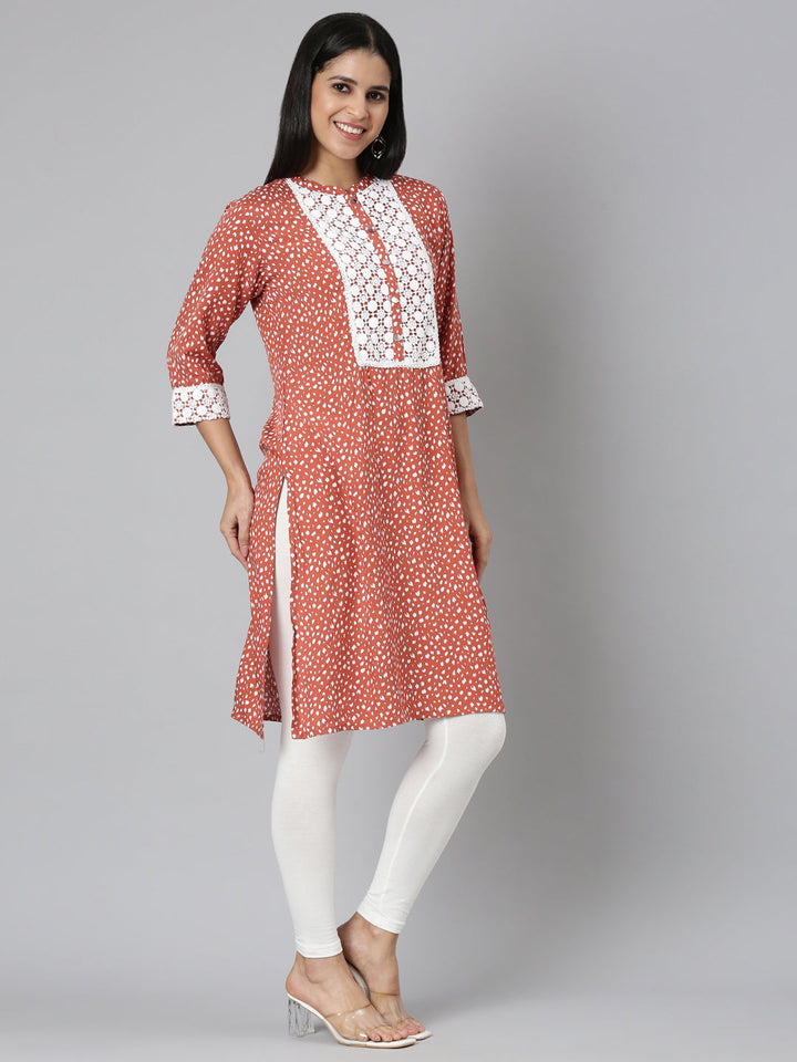Neerus Orange rayon solid straight kurta - back view