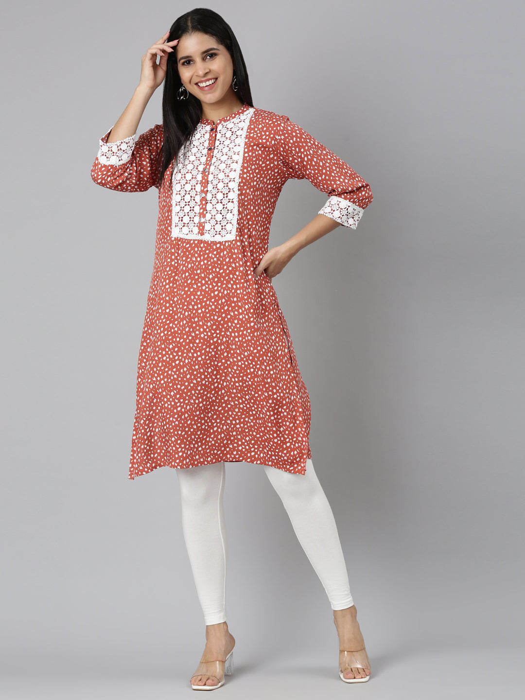 Neerus Orange rayon solid straight kurta - detail view 2