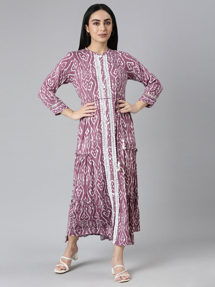 Neerus Purple chiffon printed flared maxi dress - front view