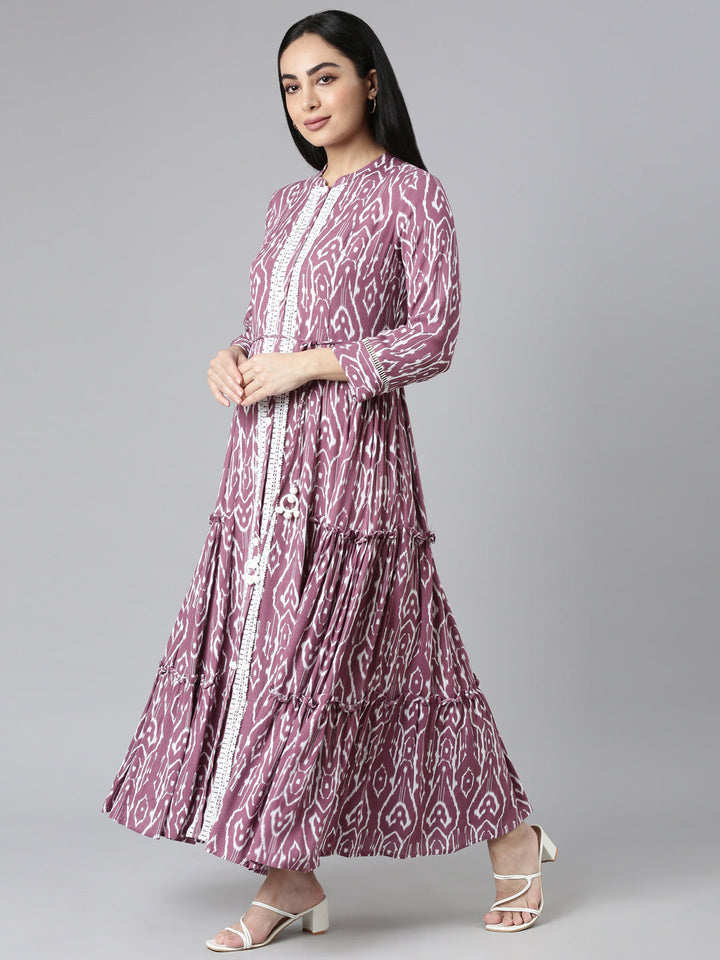 Neerus Purple chiffon printed flared maxi dress - back view