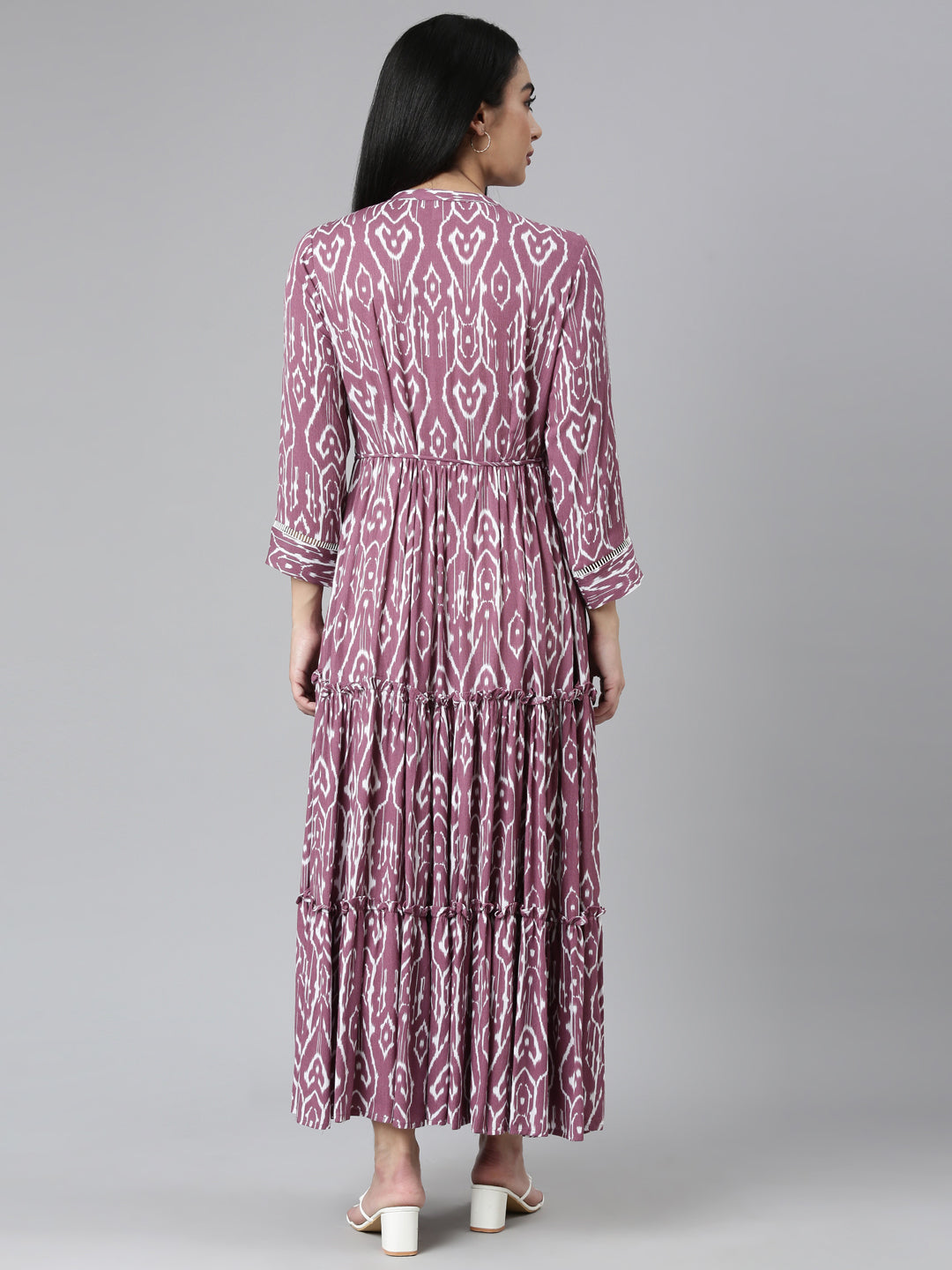 Neerus Purple chiffon printed flared maxi dress - side view