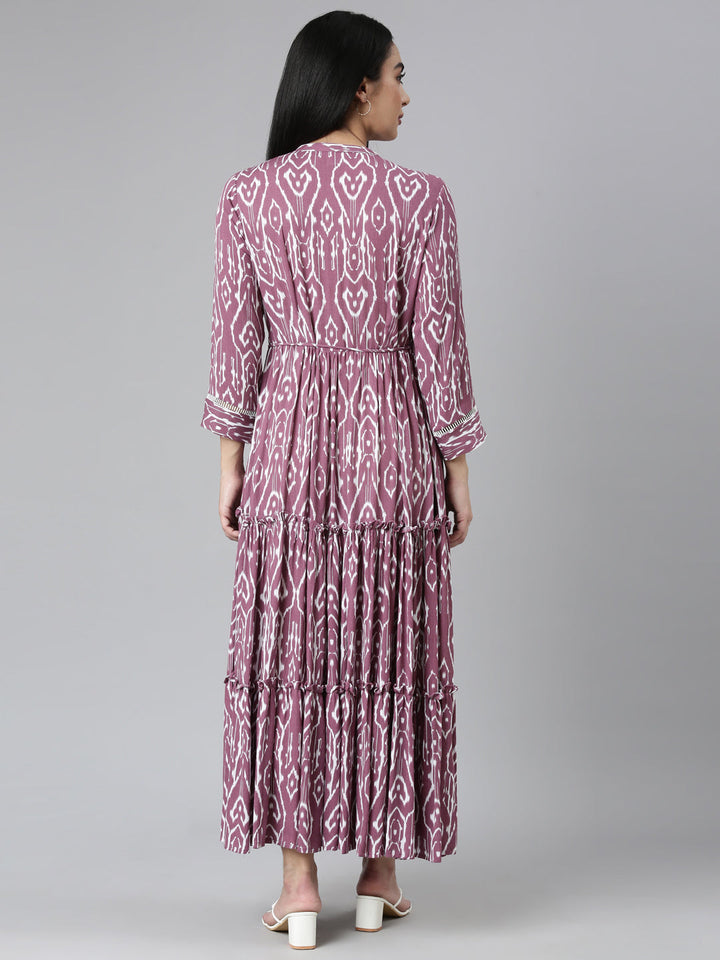 Neerus Purple chiffon printed flared maxi dress - side view