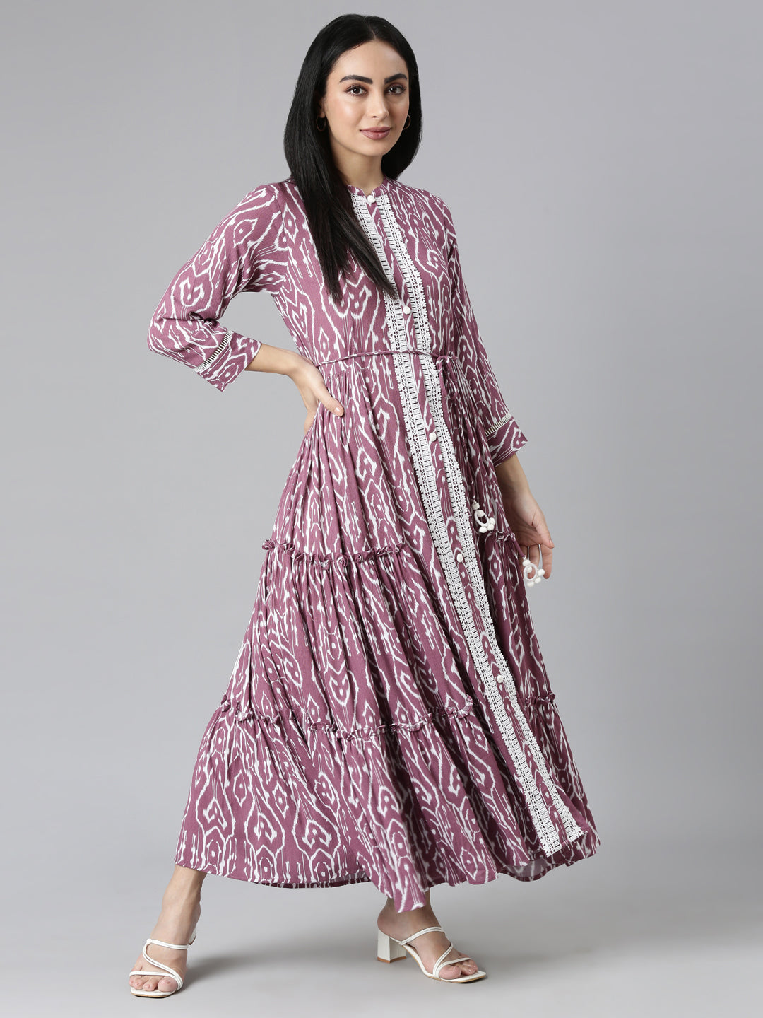 Neerus Purple chiffon printed flared maxi dress - detail view 2
