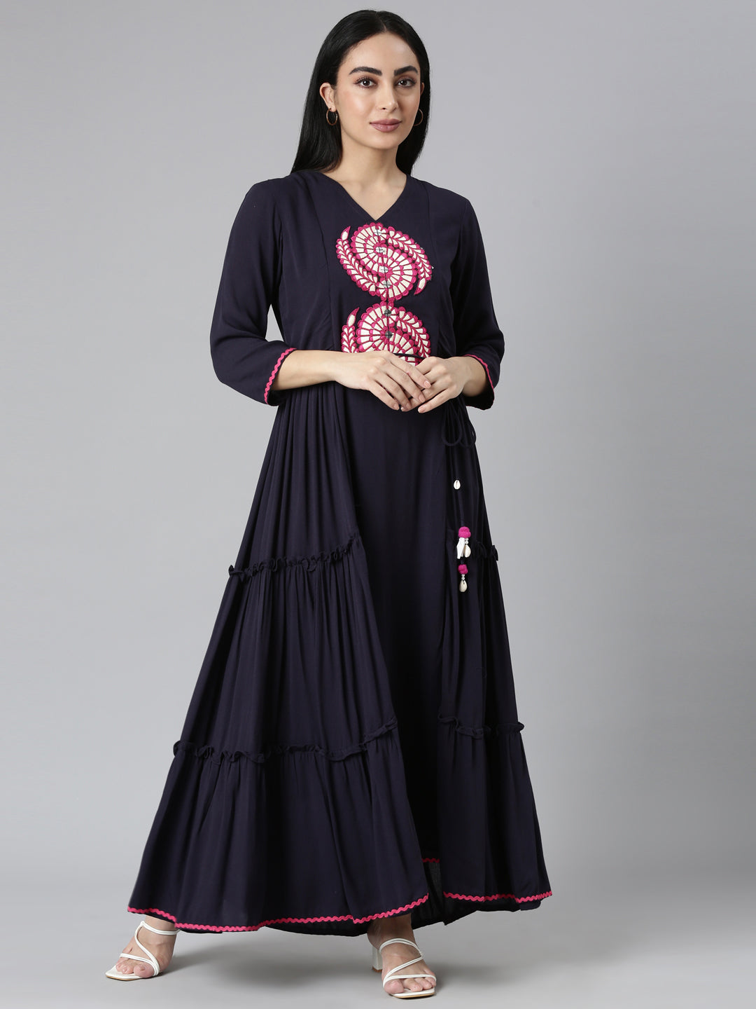 Neerus Blue Rayon Solid Flared Maxi Dress - front view