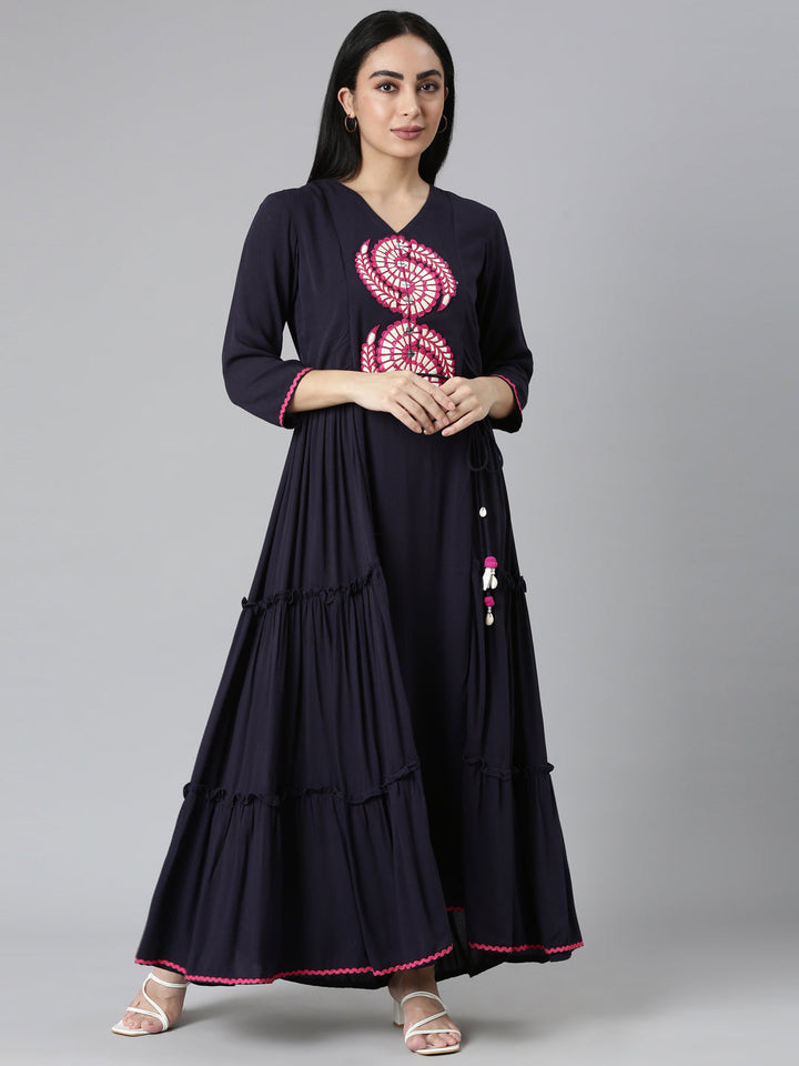 Neerus Blue Rayon Solid Flared Maxi Dress - front view