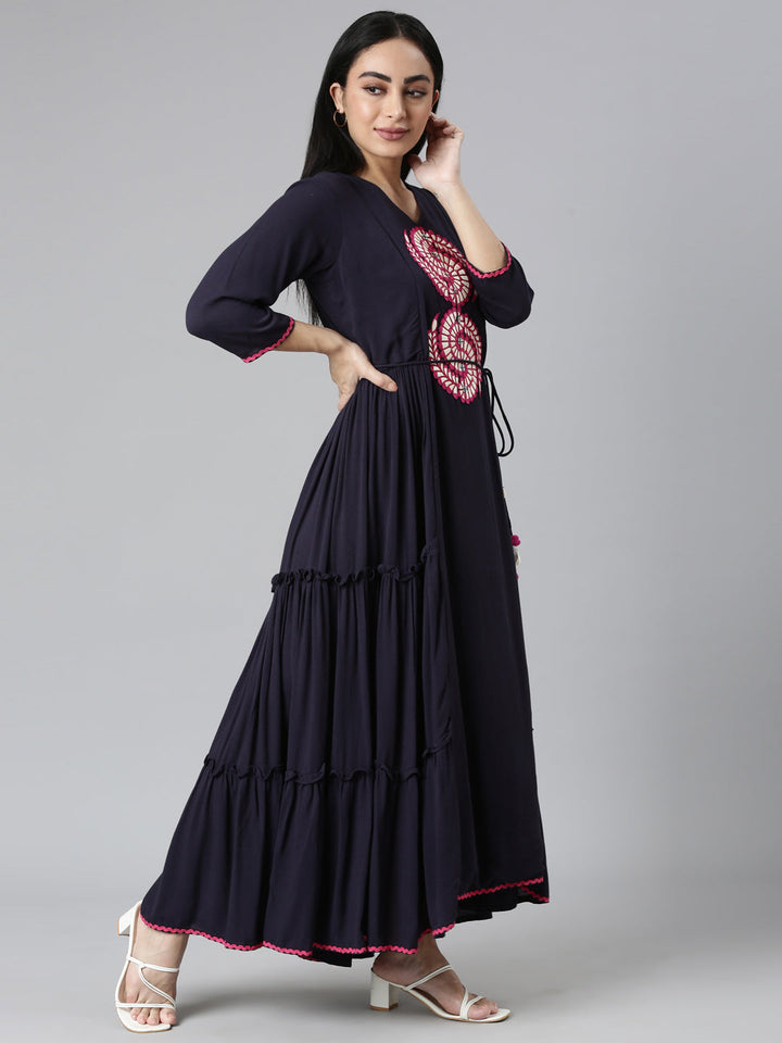 Neerus Blue Rayon Solid Flared Maxi Dress - back view