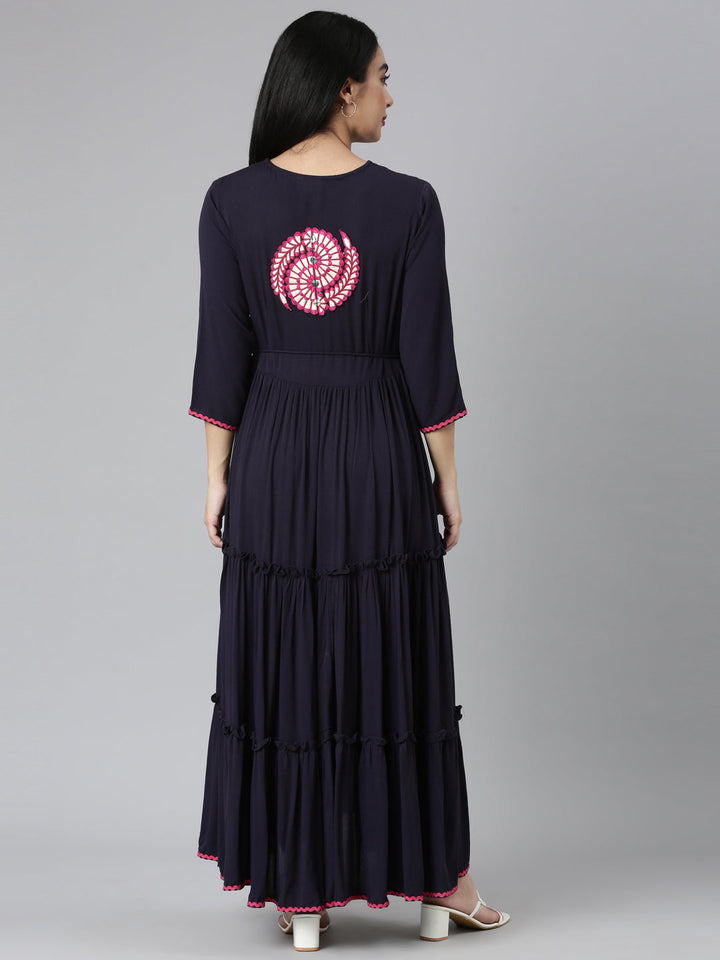 Neerus Blue Rayon Solid Flared Maxi Dress - side view
