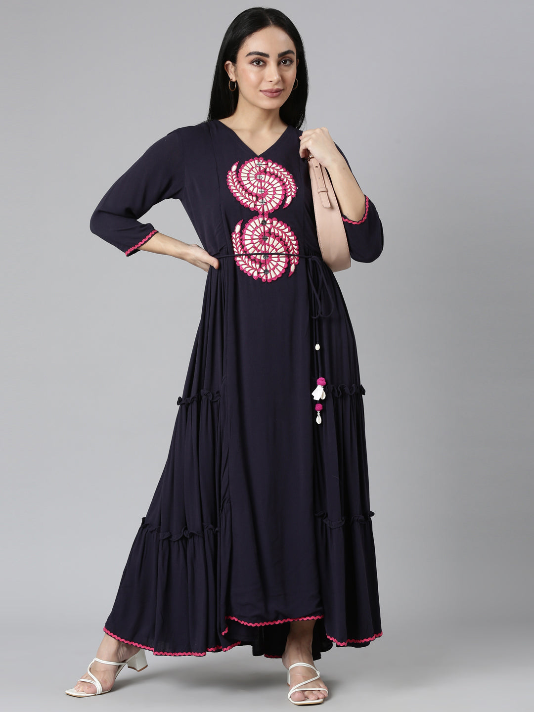 Neerus Blue Rayon Solid Flared Maxi Dress - detail view 2