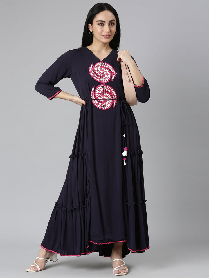 Neerus Blue Rayon Solid Flared Maxi Dress - detail view 2