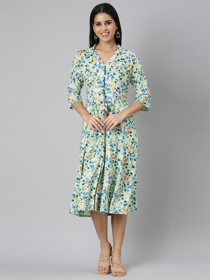 Neerus Green rayon printed flared dress - front view