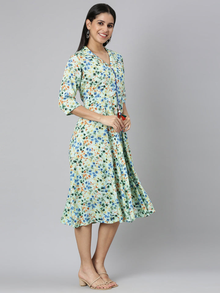 Neerus Green rayon printed flared dress - back view