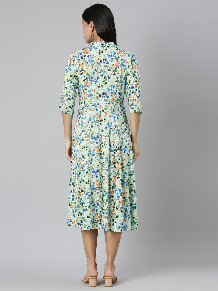 Neerus Green rayon printed flared dress - side view