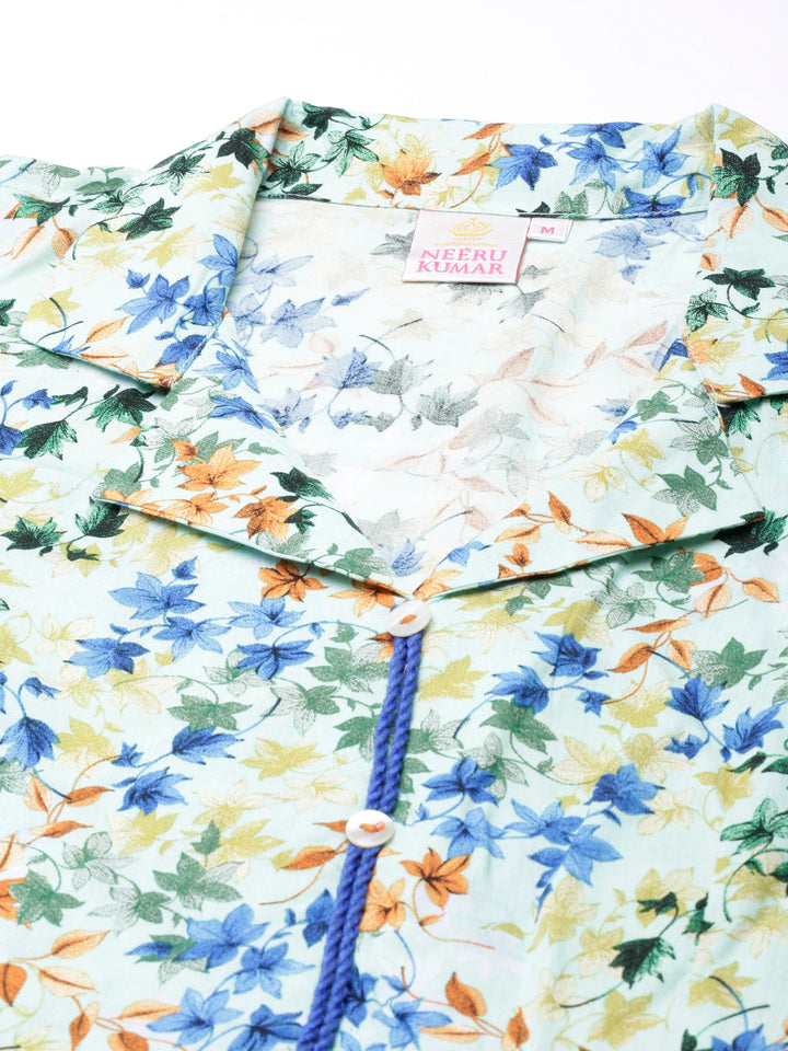 Neerus Green rayon printed flared dress - detail view 1