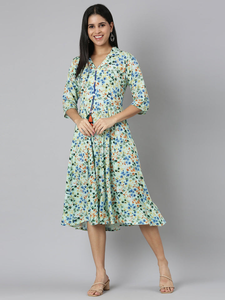 Neerus Green rayon printed flared dress - detail view 2