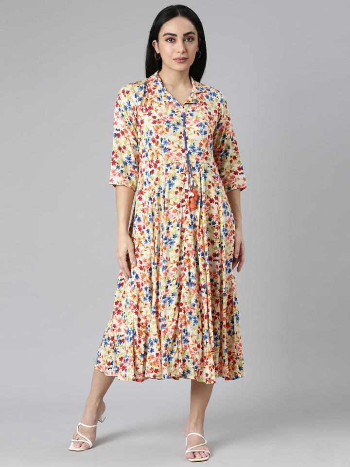 Neerus Yellow rayon printed flared dress - front view