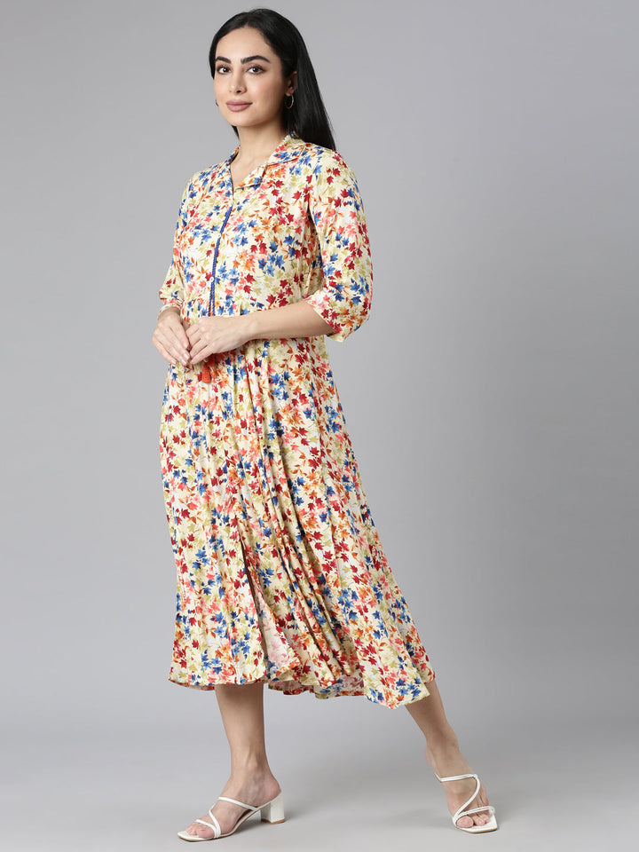 Neerus Yellow rayon printed flared dress - back view